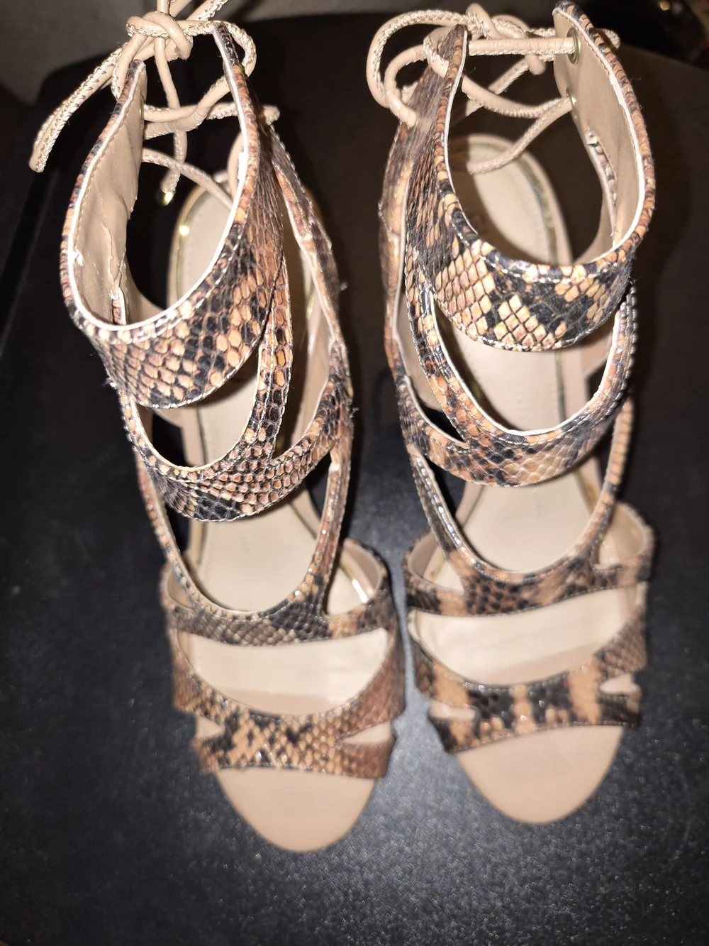 Snake-Print Lace-Up Women's Sandals in Brown